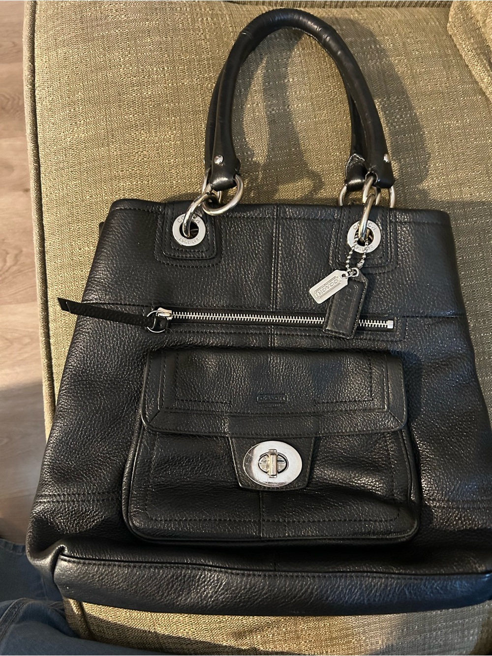 Coach Black Pebbled Leather Turnlock Shoulder Tote